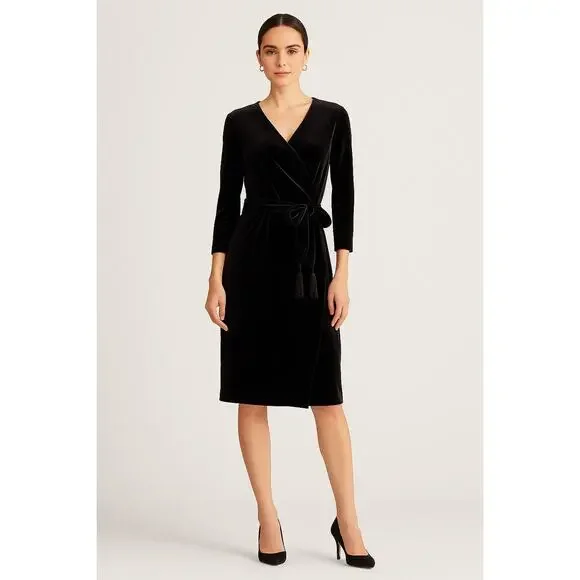Lauren by Ralph Lauren Velvet Style Midi Little Black Dress Long Sleeve Bow Tie - Picture 1 of 15